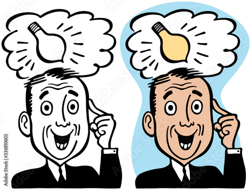 A cartoon of a man having an idea expressed by a lightbulb in a thought balloon over his head. 