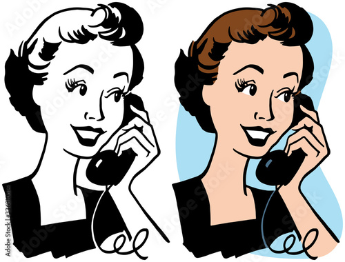A cartoon of a woman having a conversation on a vintage telephone.