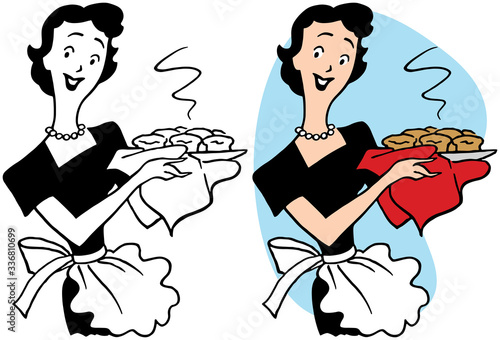 A cartoon of a woman holding a tray of warm freshly baked muffins. 