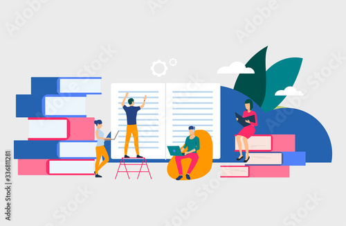 Group of people creating books. Authors, brainstorming, printing house, library. Business concept. Vector illustration for poster, presentation, new project