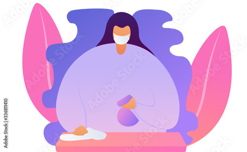 Female with mask clearing her working place

