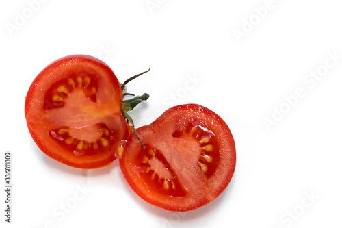 tomato vegetable CUT TWO HALF natural drops white background isolate vegan vegetarian family solanaceous