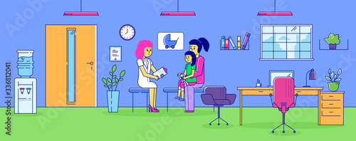 Appointment pediatrician doctor vector illustration. Cartoon flat line mother with child patient visit pediatric character for checkup in medical hospital room cabinet. Pediatry healthcare medicine