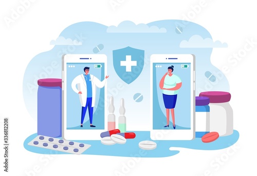 Doctor consultation online vector illustration. Cartoon woman patient character call physician for consulting, using videocall app smartphone doctoral service. Mobile distance healthcare medicine