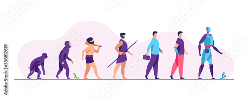 Human evolution from monkey to cyborg. Primate, ancestor, caveman, homo sapience, disabled man with prosthesis, robot. Vector illustration for anthropology, history, development concept photo