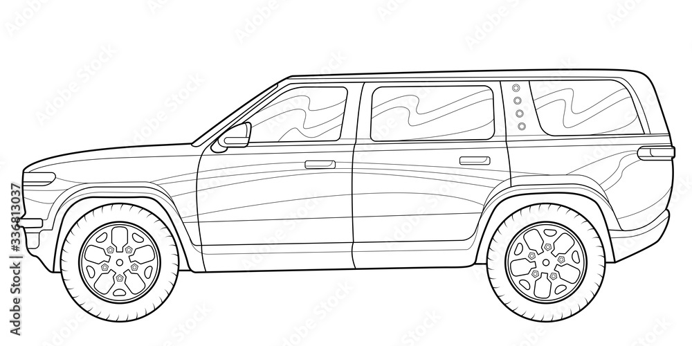 Coloring page for book and drawing. Concept vector illustration. Offroad drive vehicle. Graphic element. Car wheel. Black contour sketch illustrate Isolated on white background.