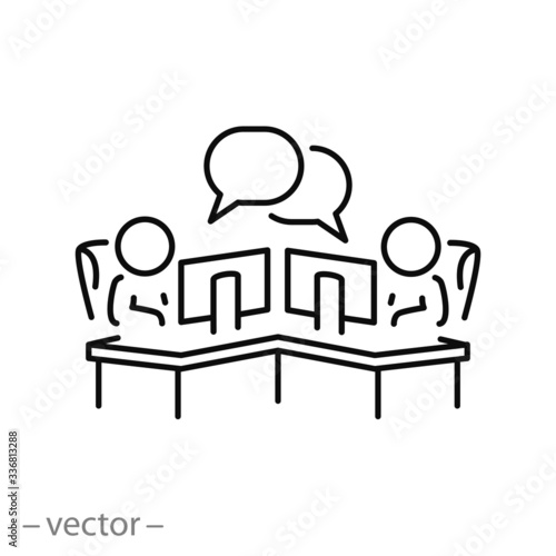 coworking icon, work space, people workplace office, remote company marketing, online employee conference, thin line web symbol on white background - editable stroke vector illustration eps10