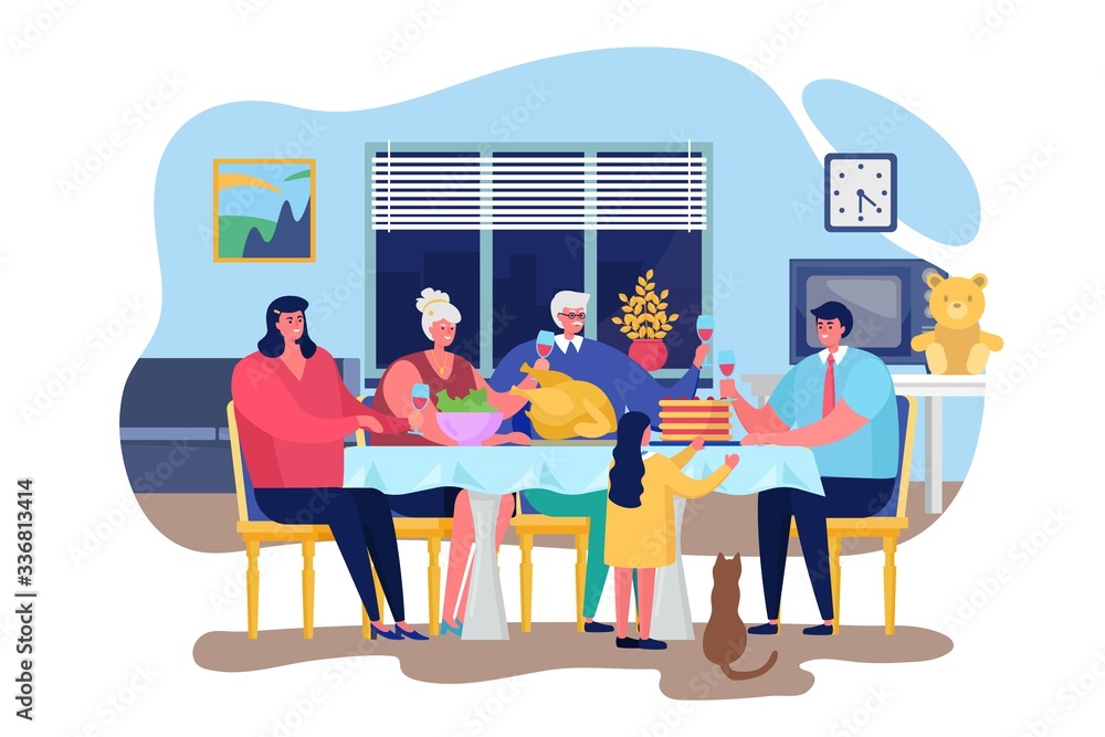 Family dinner vector illustration. Cartoon flat happy people dining together in living room home interior, parents characters eating meal and talking. Thanksgiving celebrating dinner isolated on white