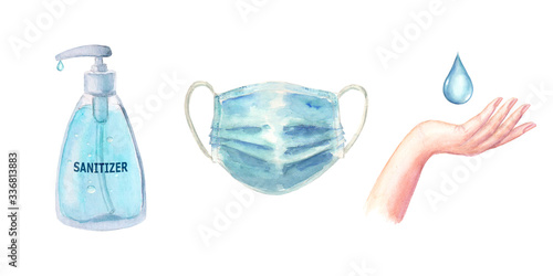 Virus protection set with hand drawn watercolor face mask, hand, water drop, sanitizer gel for hands hygiene