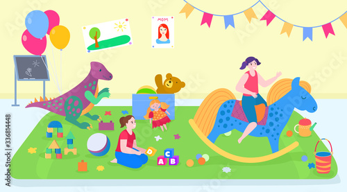 Kids friend play toys at home vector illustration. Cartoon flat active girl child characters playing game together in playroom interior, children indoor activity. Happy friendship childhood background