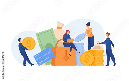 People protecting their cash. Men and women taking out financial insurance, defending money, business, bank account. Vector illustration for finance, safety, assurance, guarantee concept