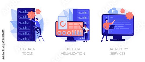 Big data metaphors icons set. Large amount of information storage, sharing, analysis and processing. Tools, visualization, data entry services. Vector isolated concept metaphor illustrations