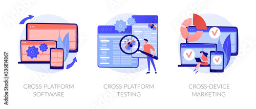 Cross-platform software metaphors. Multi-platform testing, platform-independent software, cross device marketing. Cartoon programmer character. Vector isolated concept metaphor illustrations