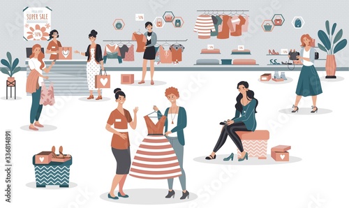 Women buying clothes in fashion shop, super sale campaign in boutique, vector illustration. People shopping in outlet store, friendly assistant and cashier helping customers choose dress and shoes