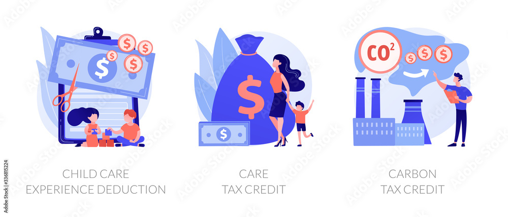 Tax deduction, exemption and credit icons set. Child care experience deduction, care tax credit, carbon tax credit metaphors. Income subsidies. Vector isolated concept metaphor illustrations