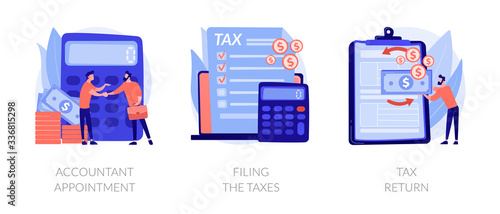 Financial documents and forms, paperwork. Accountant appointment, filing the taxes, tax return metaphors. Calculating obligatory payments. Vector isolated concept metaphor illustrations