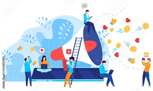 Social media marketing concept, people react to influencer content online, vector illustration. Tiny cartoon characters around giant megaphone symbol. Social network promotion campaign, digital media
