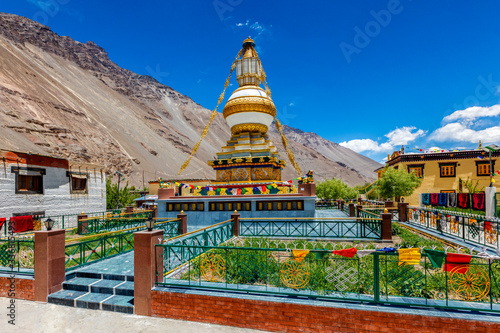 Buddhist gompa with prayer flags. Tabo monastry, Tabo, Spiti Valley, Himachal Pradesh, India