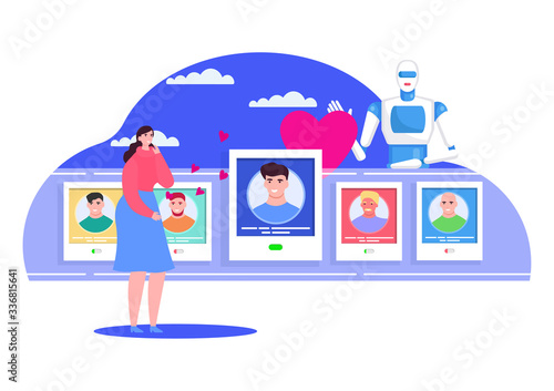 Online dating service vector illustration. Cartoon single woman character looking couple on line of mobile man portraits in smartphone app for date. Romantic internet love concept isolated on white