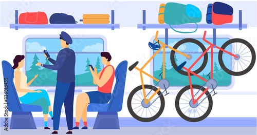 Train metro subway interior with commuting passengers, controllers, bycicles in luggage cell, baggage cartoon vector illustration. High-speed comfortable transportation train car interior or urban