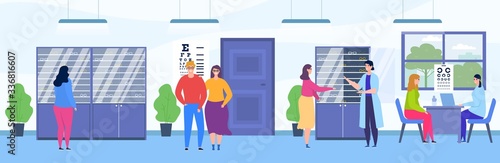 People visit ophthalmology store vector illustration. Cartoon flat happy visitor characters choosing eyeglasses in optical shop room interior, ophthalmologist consulting patient on examination checkup