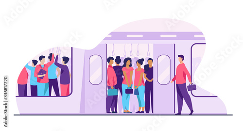 Crowd of commuters traveling by subway train. Metro passengers standing in overcrowding tube carriage. Vector illustration for public transport, commuting, rush hour concept