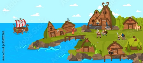 Vikings and scandinavian warriors settlement funny cartoon vector illustration from Scandinavia history mythology comic art. Vikings ship in sea and men in helmet with hammers, swords village.