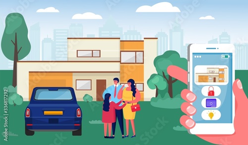 Smart home vector illustration. Cartoon flat human hand holding smartphone with control interface, happy family people standing near modern house. Automation home system technology concept background