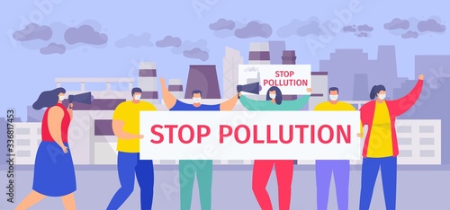 Stop pollution vector illustration. Cartoon flat people in face masks holding stop air pollution sign, group of activist characters standing on urban city street, shouting into megaphone background