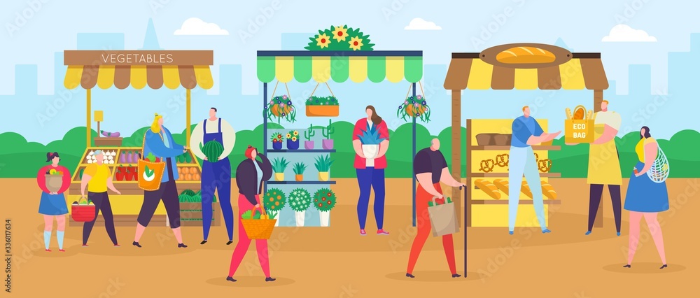 Street shop market vector illustration. Cartoon flat people shopping with  shopper bag, woman man characters buying food, vegetables and flowers at  outdoor marketplace. City summer fair background Stock Vector | Adobe Stock