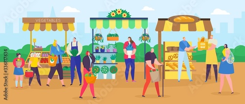 Street shop market vector illustration. Cartoon flat people shopping with shopper bag, woman man characters buying food, vegetables and flowers at outdoor marketplace. City summer fair background