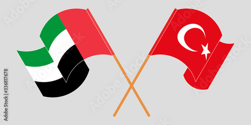 Crossed and waving flags of Turkey and the United Arab Emirates