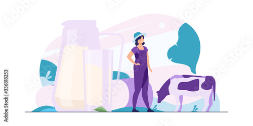 Fresh milk in glass jug. Cow pasturing on farming field. Vector illustration for farm food, nutrition, diet, calcium, casein concept