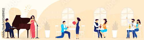 Restaurant banquet, party, people couples of man and woman sittting at tables and playing piano, singer banner isolated on white cartoon vector illustration. Banquet professional service.