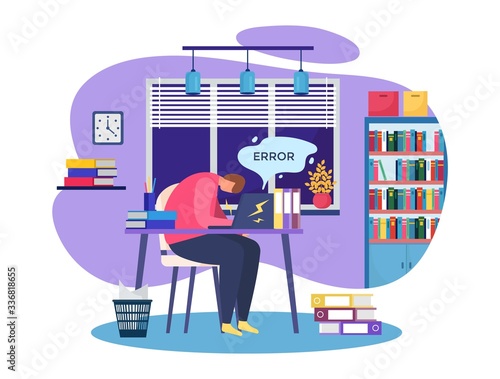 Work problem vector illustration. Cartoon busy people working hard in stress, sad man character have crisis, problematical business task error. Flat businessman frustrated concept isolated on white