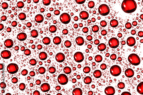 Water drops background. Wet glass surface texture. Bubble dew pattern. Transparent window raindrops. Perfectly round droplet design backdrop. Bright red white environment condensation texture.