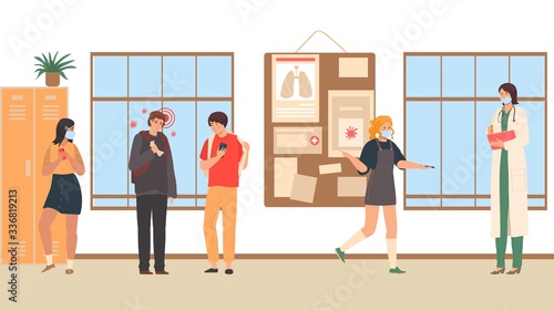 Coronavirus desease infection illness on student, danger to transmission people in university cartoon vector illustration. Infected coronavirus ill student, boys and girls and medic checks health.