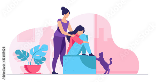 Woman giving comfort and support to friend, keeping palms on her shoulder. Girl feeling stress, loneliness, anxiety. Vector illustration for counseling, empathy, psychotherapy, friendship concept