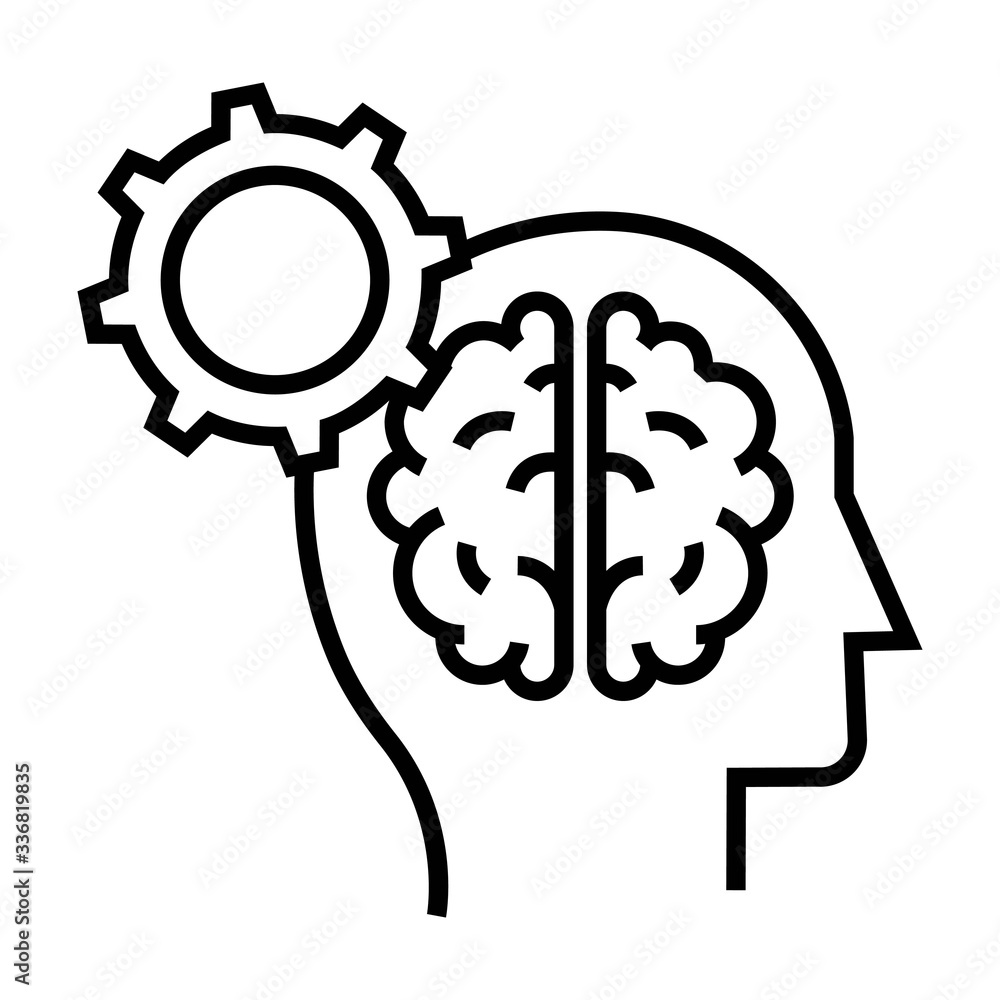 Human brain with gear symbol. Rational thinking icon. Logical reasoning symbol. Intellect sign. Human brain with gear symbol. Rational thinking icon. Logical reasoning symbol. Intellect sign.