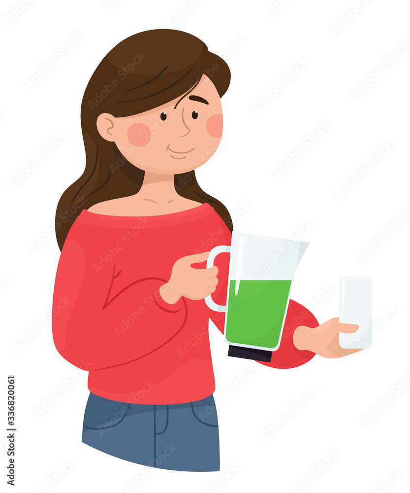 Girl pours smoothie from vegetables and herbs. Vector isolate character on a white background. Cartoon flat style. Girl pours smoothie from vegetables and herbs. Vector isolate character on a white background. Cartoon flat style.