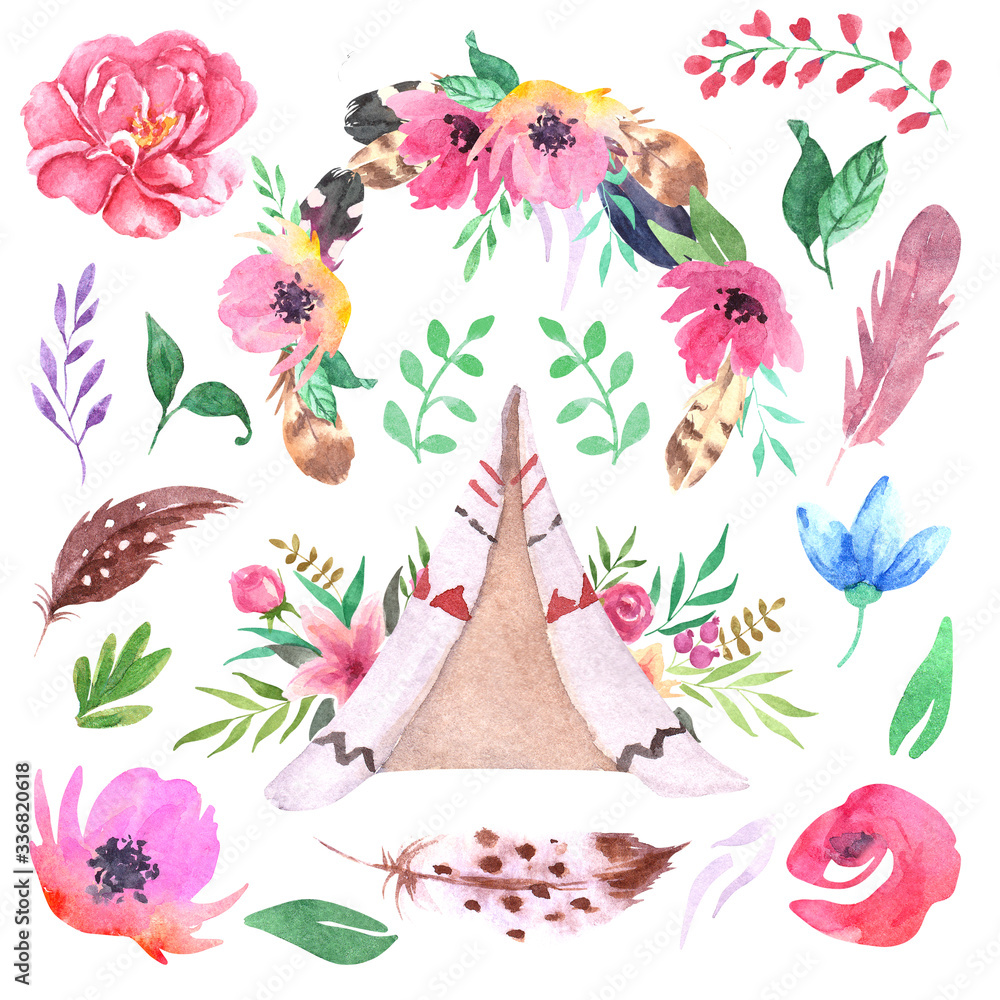 Hand drawn watercolor boho elements set. Boho style feathers, teepee ...