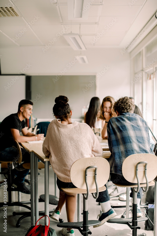 Rear view of teenage students studying by table in classroom Rear view of teenage students studying by table in classroom