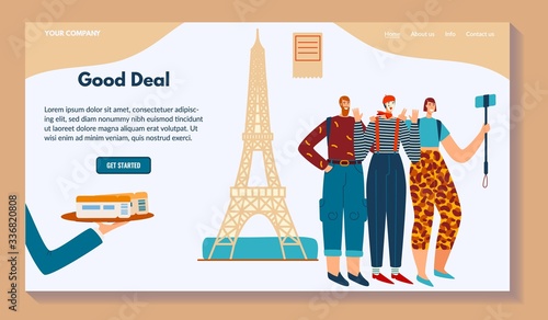 Good deal, business web banner, character man paris, selfie mime, flat vector illustration. Contact, info, about us, home, more button. European travel business, design for website, company name.