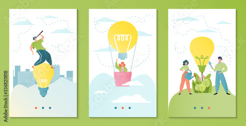 Teamwork business idea vector illustration. Businessmen work in team banner template. Teammates with lightbulb, watering can and scoop. Man cartoon character with telescope, woman on hot air ballon.