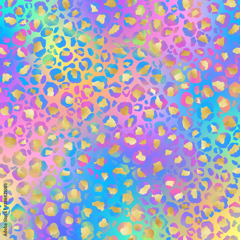 Holographic Leopard Print on Gradient Background - Cute holographic leopard spots pattern on bright neon gradient background	