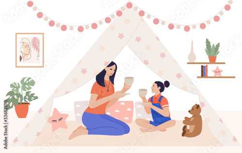 Quarantine, stay at home concept illustration - Happy loving family. Mother and daughter girl play in children room. Tea party. Stay home on quarantine time during the Coronavirus epidemic.