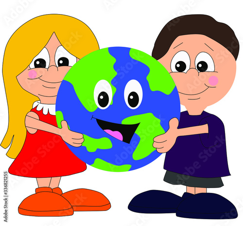 en conmemoración del día de la tierra, un niño y una niña en caricatura, sosteniendo el globo terráqueo
