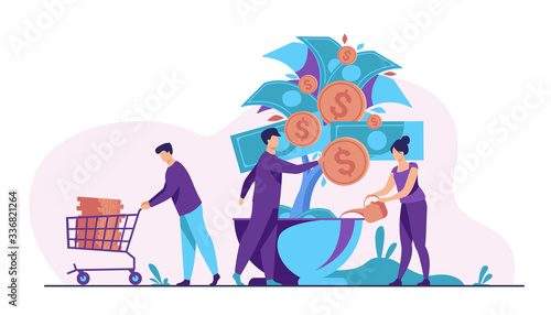 People growing money tree. Investors watering plant with cash, getting revenue. Vector illustration for business, finance, investment, growth, prosperity concept