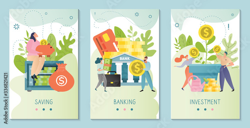 Investment vector illustration. Banking, saving, business and finance concept. Investor sitting on safe with piggy bank. People invest money in bank. Man, woman cartoon characters with coin, card.