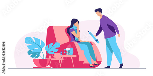Woman in scarf catching cold and suffering from flu. Man taking care about sick girlfriend, giving thermometer to her. Vector illustration for infection, healthcare, illness concept